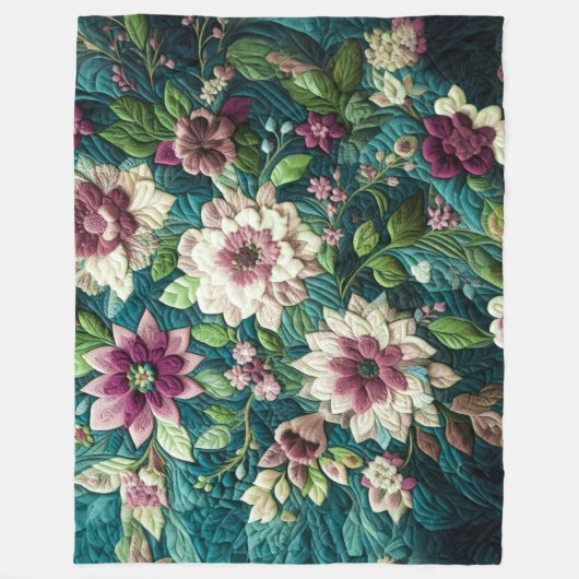 Couverture Polaire Décor Turquoise bleu fleuri (Devant)