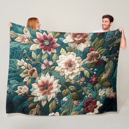 Couverture Polaire Décor Turquoise bleu fleuri (En situation)