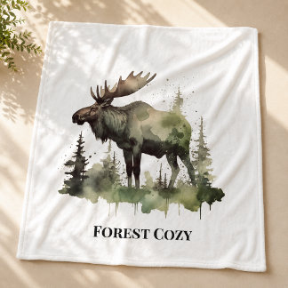Couverture Polaire Décoration rustique de lodge de moose forêt esthét