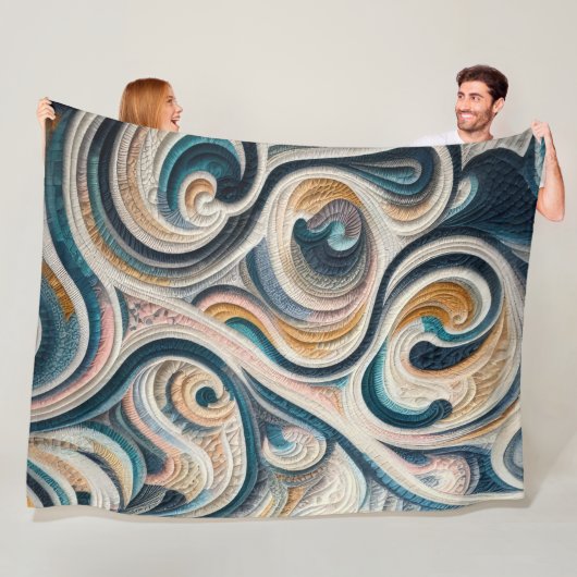 Couverture Polaire Design abstrait en or bleu courbé (En situation)