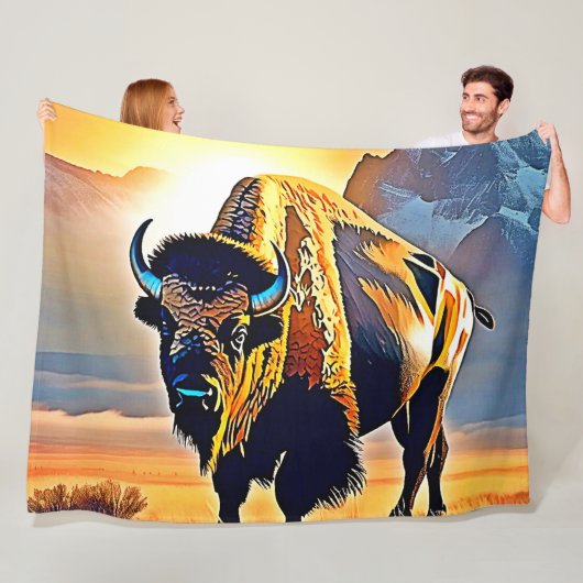 Couverture Polaire Design d'art Sunset Mountain Bison (En situation)