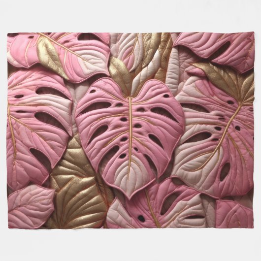 Couverture Polaire Design Feuille de Monstera dorée et rose (Devant (Horizontal))