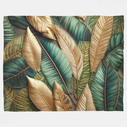 Couverture Polaire Design Feuille Tropical Vert Or Quilé (Devant (Horizontal))