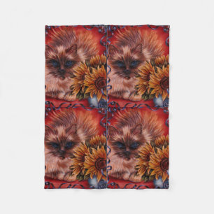 Couverture Polaire Dessin de chat avec des tournesols sur la
