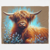 Couverture Polaire Dessin pastel Highland Cow Blue Flowers (Devant (Horizontal))