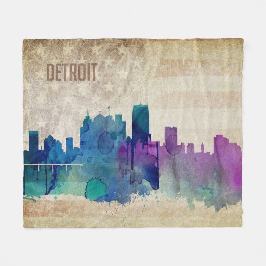 Couverture Polaire Detroit, horizon de ville d'aquarelle de MI | (Devant (Horizontal))