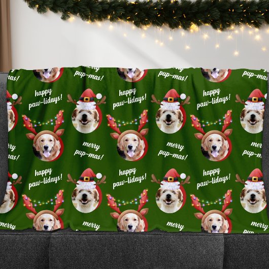 Couverture Polaire Deux rennes photo de chien Joyeux Noël vert