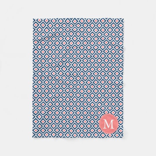 Couverture Polaire Diamants de corail bleu monogramme Ikat Motif (Devant)