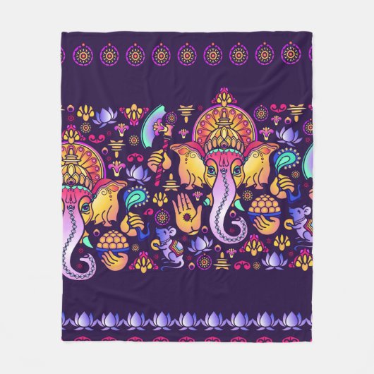 Couverture Polaire Dieu hindou Ganesha et symboles indiens en bande (Devant)