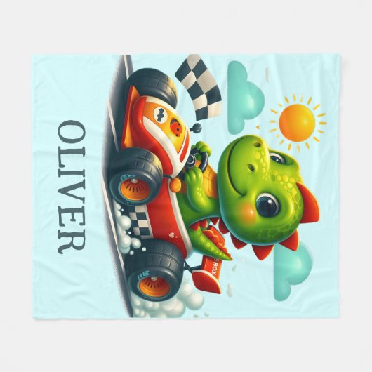 Couverture Polaire Dinosaure vert mignon dans une voiture de course (Devant (Horizontal))
