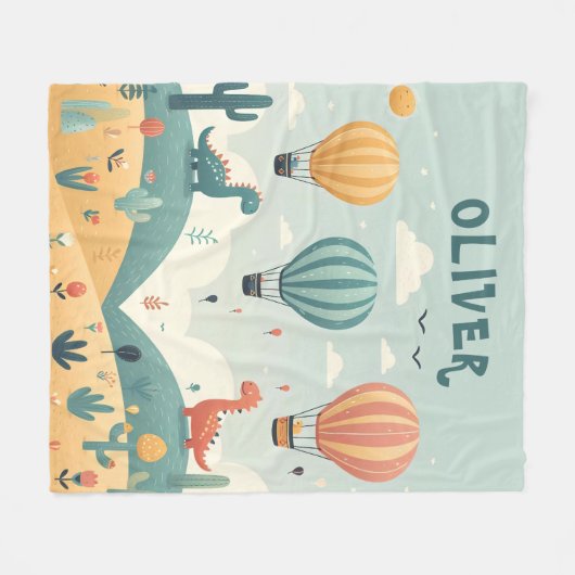 Couverture Polaire Dinosaures mignons et ballons à air chaud (Devant (Horizontal))