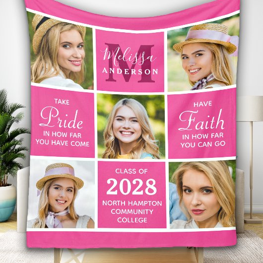 Couverture Polaire Diplôme chic 5 Photo Collage Pink Graduate