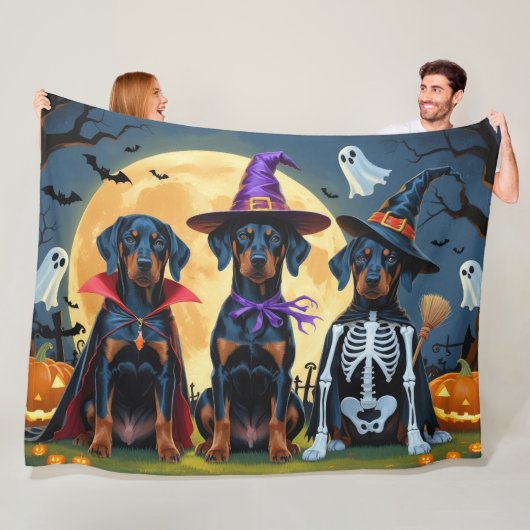 Couverture Polaire Doberman Chiens Citrouille Halloween Drôle (En situation)