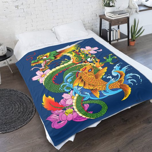 Couverture Polaire Dragon chinois vert Koi