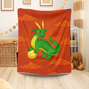 Couverture Polaire Dragon Chinois Vert sur Fond Rouge