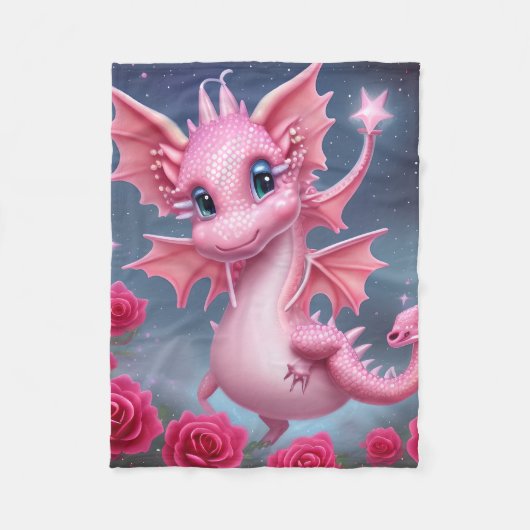 Couverture Polaire Dragon rose mignon aux fleurs roses (Devant)