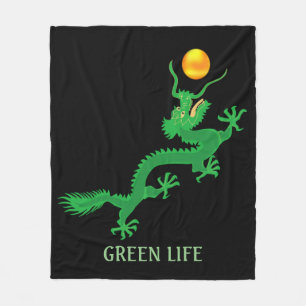 Couverture Polaire Dragon Vert avec Balle de Soleil Doré sur Fond Noi