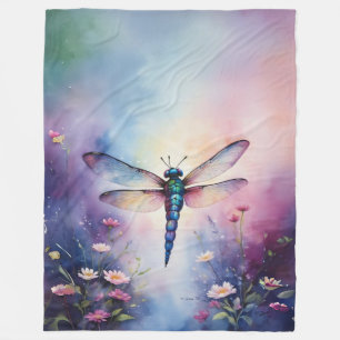 Couverture Polaire Dragonfly with Flowers Purple Watercolor