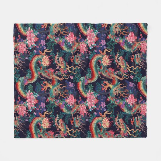 Couverture Polaire Dragons et fleurs de néon (Devant (Horizontal))