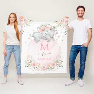 Couverture Polaire Dreamy Elephant Blush Rose or Floral Monogramme
