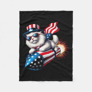 Couverture Polaire Drôle 4 juillet Patriotic Cat Rocket avec Firewo