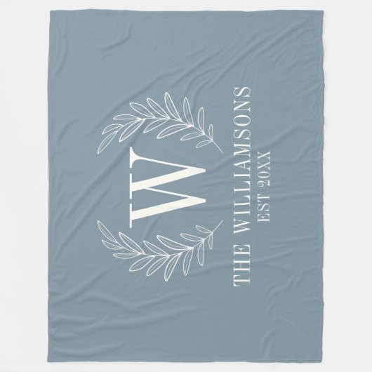 Couverture Polaire Dusty Blue Modern Laurel Leaf Monogramme (Devant)