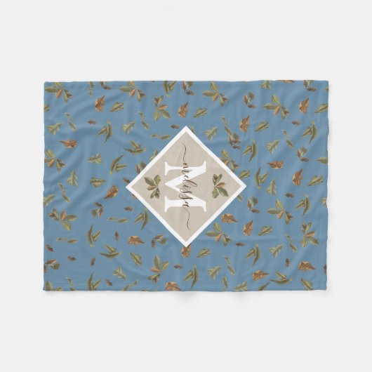 Couverture Polaire Dusty Blue Rustic Feuilles Brown Monogramme (Devant (Horizontal))