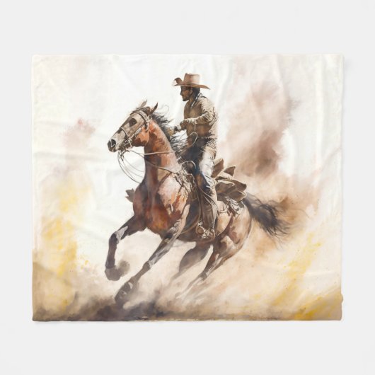 Couverture Polaire Dusty Western Watercolor Cowboy Riding Mustang (Devant (Horizontal))