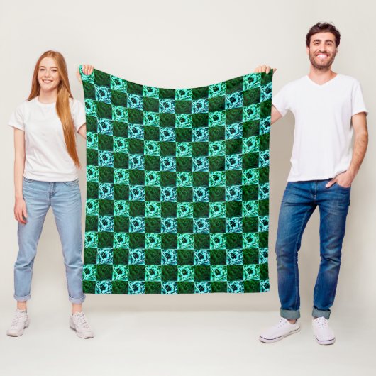 Couverture Polaire Échecs ou cyan vert et bleu ciel, avec rectangle (En situation)