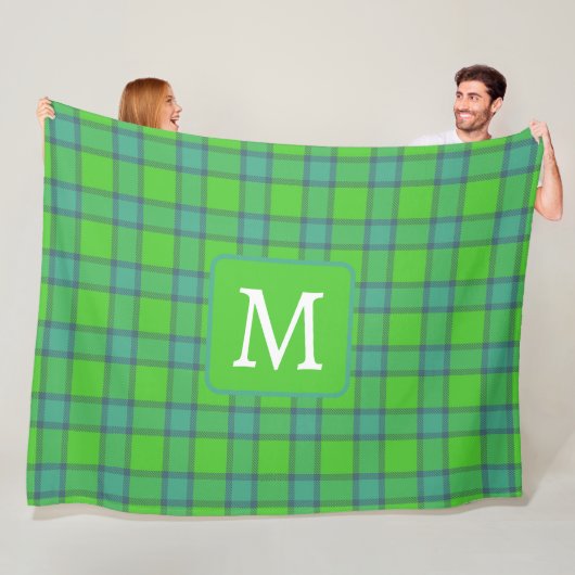 Couverture Polaire Écossais vert & bleu Plaid monogramme (En situation)