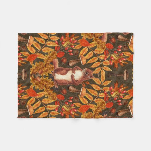 Couverture Polaire Écureuil d'automne sur brun foncé (Devant (Horizontal))