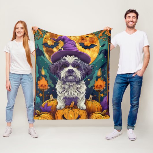 Couverture Polaire Éffrayant Chih Tzu Chien Halloween sorcière et Cit (En situation)