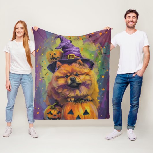 Couverture Polaire Éffrayant Chow Chow Chien Halloween sorcière et Ci (En situation)