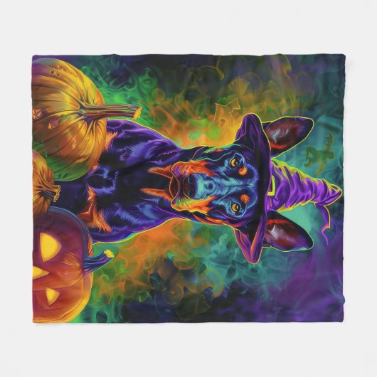 Couverture Polaire Éffrayant Doberman Chien Halloween sorcière et Cit (Devant (Horizontal))