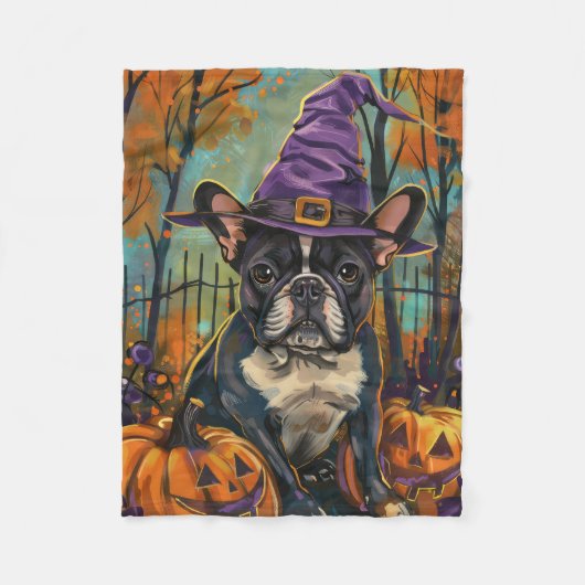 Couverture Polaire Éffrayant Français Bulldog Halloween sorcière et C (Devant)