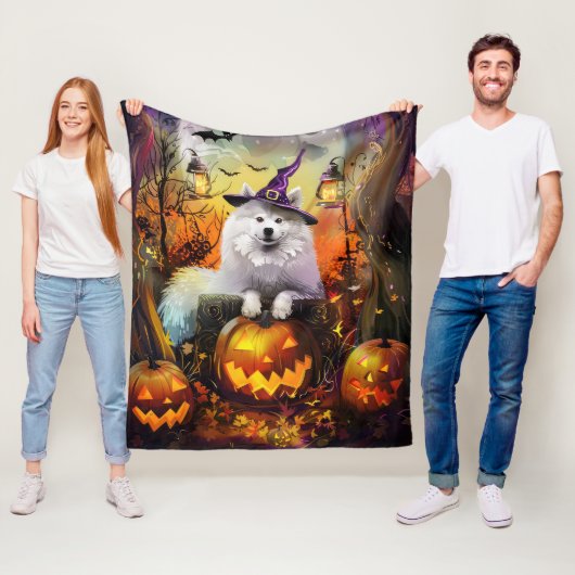Couverture Polaire Éffrayant Samoyed Chien Halloween sorcière et Citr (En situation)