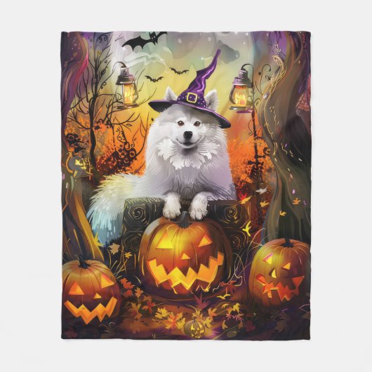 Couverture Polaire Éffrayant Samoyed Chien Halloween sorcière et Citr (Devant)