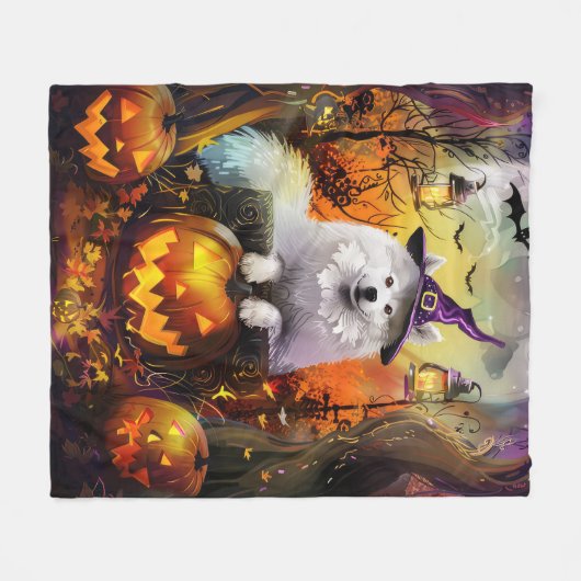 Couverture Polaire Éffrayant Samoyed Chien Halloween sorcière et Citr (Devant (Horizontal))