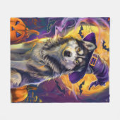 Couverture Polaire Éffrayant Sibérie Husky Chien Halloween Citrouille (Devant (Horizontal))