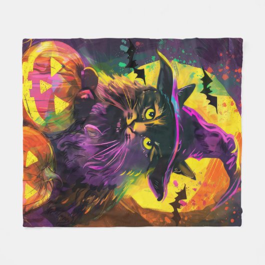 Couverture Polaire Éffrayant Turc Angora Chat Halloween Citrouille so (Devant (Horizontal))