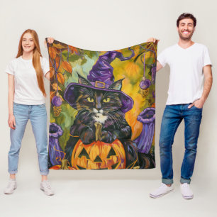 Couverture Polaire Éffrayant Tuxedo Chat Halloween Sorcière Et Citrou