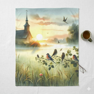 Couverture Polaire Église au lever du soleil avec oiseaux dans un pré