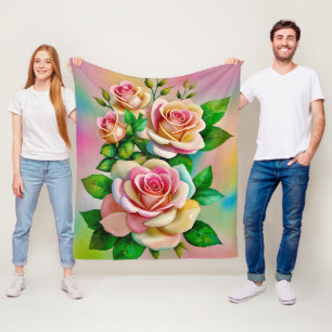 Couverture Polaire Élégance Roses Rose et Jaune Aquarelle Pastel