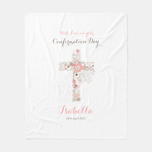 Couverture Polaire Elégant blanc confirmation nom croix florale (Devant)