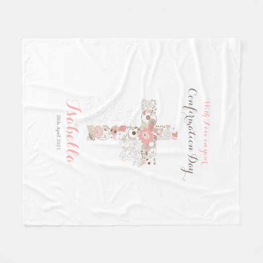 Couverture Polaire Elégant blanc confirmation nom croix florale (Devant (Horizontal))
