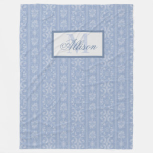 Couverture Polaire Élégant bleu et blanc Floral Damask Monogramme