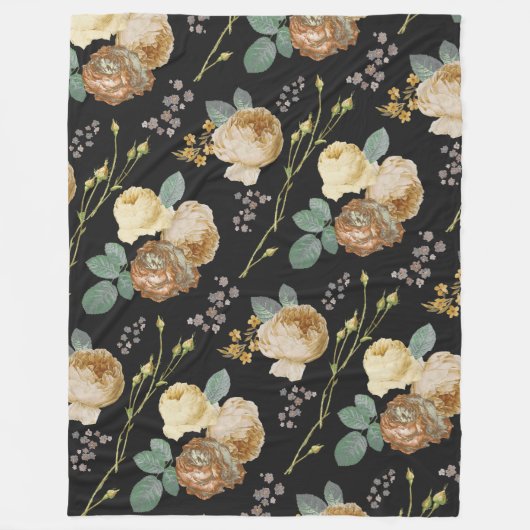 Couverture Polaire Élégant chic Rose de beige floral sur noir (Devant)