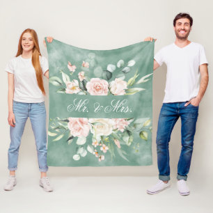 Couverture Polaire Élégant floral vert aquarelle M. & Mme mariage