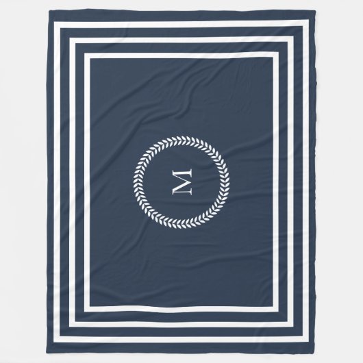 Couverture Polaire Élégant Monogramme bleu marine avec cadre blanc (Devant)