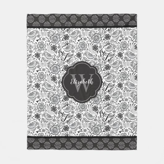 Couverture Polaire Élégant Monogramme floral noir blanc (Devant)